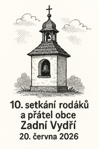 kreslená černobílá zvonička a pod ní text10. setkání rodákůa přátelobce Zadní Vydří20. června 2026