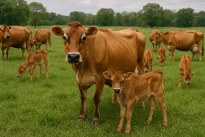 Kravy jersey na pastvě s telaty