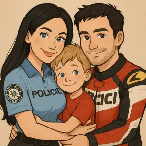 máma policie ČR dlouhý černý vlas velká prsa modré oči objímá syn blond táta černý vlas moto závodník kreslený portrét