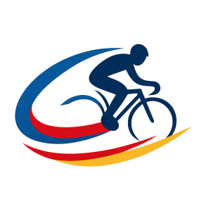An swish moving from left to right in the colors blue red and yellow no background. It is a cycling logo. No background