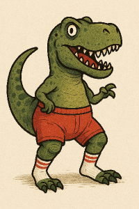 dinosaurus v trenkách a ponožkách
