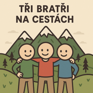 Tři bratři na cestách slovy a k tomu nějaký obrázek kde budou 3 panacci držet se za ramena a za nimi hory