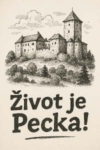 hrad pecka jako kresba a nápis Život je Pecka!