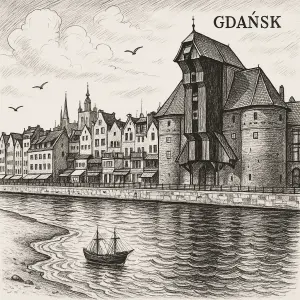 Černobílá kresba, Baltské moře, město Gdaňsk