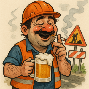 karikaturu muže, cestáře, který má rád pivo a cigarety