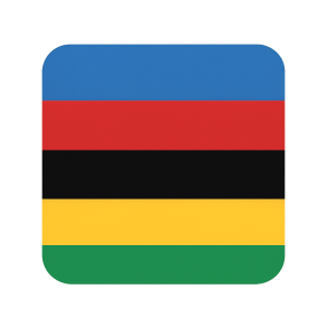 A rectangle with rounded edges. It has stripes colors blue, red, black, yellow and green in that order. No background