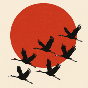 Chci velké japonské slunce přes které přelétá hejno jeřábů. Jeřábů může být méně.