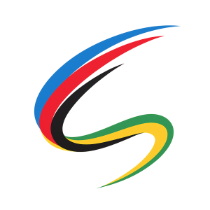 An abstract swish featuring lines in cycling world champion colors. Blue, red, black, yellow, green. No background.
