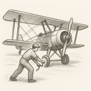 A sketch or an icon of person in fron of an double wing aeroplane rotating a handle to kick start it