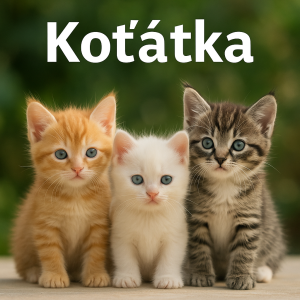 Bílý nápis Koťátka a obrázek tří kotátek