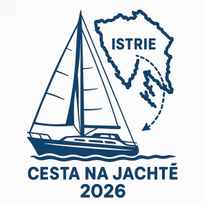 Jachta a mapa ISTRIE - cesta na jachtě 2026 - vice modro bílé, aby se to dalo dobře na tričko, méně barev, více jednoduc