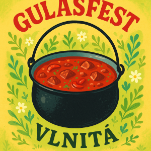 Kotlík s gulášem, nahoře s nápisem Gulášfest a pod ním název týmu VLNITÁ. Styl výrazný a jarní.