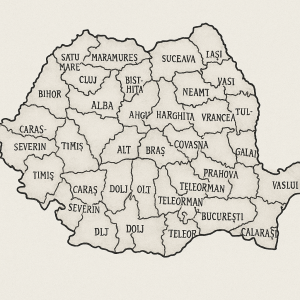 Kresba mapy rumunska s vyznačením krajů