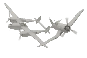 Světle šedou siluetu p 38 Lightning a f 4u corsair letící ve skupině proti nám bez pozadí v zatáčce