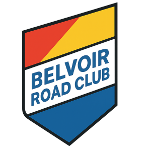 An angular shapedivided into Red, yellow and blue portions. The words 'BELVOIR ROAD CLUB' are written in. Blue text