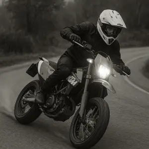 Supermoto KTM SMC r 690 se světlem jak jede jakože do zatáčky smykem a šedé ať je to jak postaru