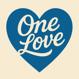 Napis “One Love” v modrém srdci