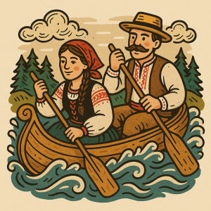 Kreslená ilustrace ve folklórním stylu, vhodná k tisku na tričko. Zobrazuje muže a ženu v dřevěné kánoi, kteří sjíždějí