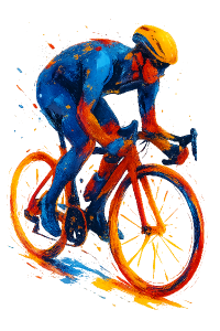 Abstract illustration of a racing cyclist in blue red and yellow. No background