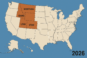 Mapa USA .. záchytné body Montana, Idaho, Utah, Nevada.. 2026