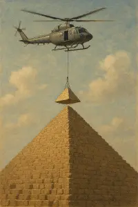 Pyramida a vrtulník co na laně veze a usazuje její špičku