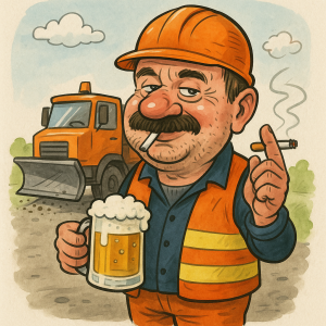 karikaturu muže, cestáře, co má rád pivo a cigarety vousy jen kolem pusy. 55let, v pozadí sypač