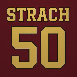 Zlatý nápis "Strach", pod tím "50". Písmo ať je to v designu jako fotbalový dres ACS Sparta Praha (chci pouze text).
