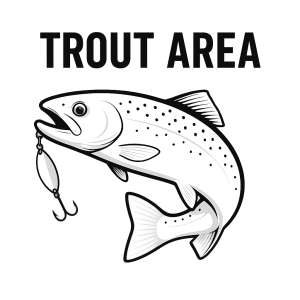 TROUT AREA, bez pozadí a ryba více realistická barva bílá a prohnutá, rybě do tlamy plandavku