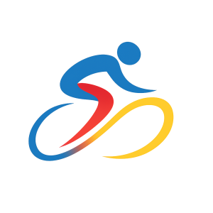 An swish moving from left to right in the colors blue red and yellow no background. It is a cycling logo. No background