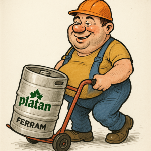 Potřebuji udělat dělníka s rudlíkem který veze sud piva a pivní pupek a aby tam byly názvy Platan a Ferram a karikatura