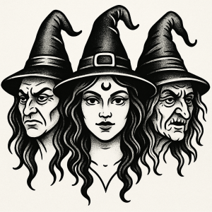 černobílý kreslený obrázek ve stylu tetování, hlavy 3 čarodějnic