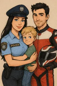 máma ČR policie dlouhý černý vlas velká prsa modré oči objímá syn blond táta černý vlas moto závodník kreslený. portrét