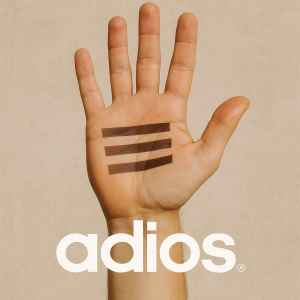 Vytvoř obrázek ruky se třemi vodorovnými pruhy ve vnitřní části dlaně a pod to vlož nápis adios.v bílé barvě-jako Adidas