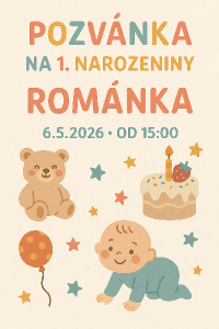 Pozvánka na 1. narozeniny Románkadatum: 6.5.2026 od: 15:00hstyl: pozvánka na dětskou batolecí oslavu