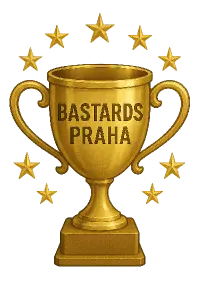 zlatý pohár s nápisem BASTARDS PRAHA a kolem něj zlaté hvezdičky bez pozadí