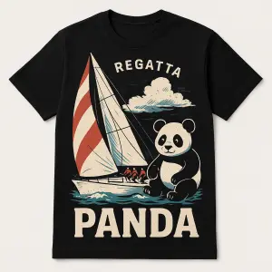 Jedeme na regatu. Závod jachet. Náš tým se jmenuje Panda. Udělej nám návrh na závodní tričko, kde bude jachta a panda