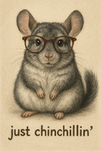 činčila s brýlemi, realisticka kresba, animated, text: just chinchillin'