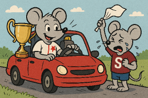 Kreslena myš v dres Slavia řídí auto, v autě je pohar pro viteze. Myš v dresu sparta mava s bilim kapesnikem a breči