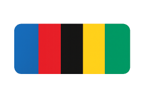 Long rectangle with rounded edges. With stripes colors blue, red, black, yellow and green in that order. No background