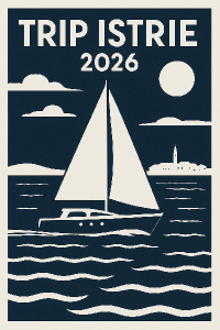 Trip Istrie na lodi 2026 moderní a minimalistický obrázek s tmavě modrou a bílou barvou
