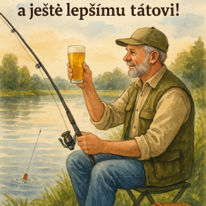 Pána (tátu) u vody na rybách a nad obrázek text „Na zdraví tomu nejlepšímu rybáři – a ještě lepšímu tátovi!“