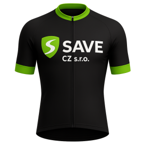 vygeneruj obrázek na cyklistický dres s logem společnosti SAVE CZ s.r.o. z webu savecz.com jednoduchý v barvách