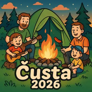 Kresleny obrazek s dětmi a tatinky, stan, táborák, v popředí text Čusta 2026