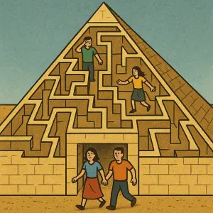 pyramida - uvnitř je bludiště - na začátku jsou 4 osoby, 2 se ztratí v bludišti a 2 vyjdou ven