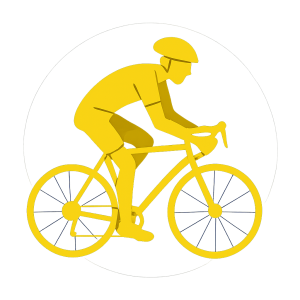 Illustration of a cyclist entirely in yellow, within a dark blue circle. No background