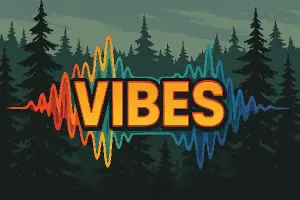 Barevný nápis VIBES : kolem jsou frekvence hudby které splývají s nápisem. V pozadí je les , stromy . Styl : GTA hra