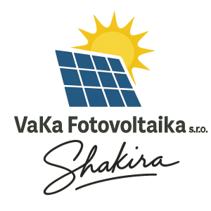Logo VaKa Fotovoltaika s.r.o. Se solarnimi panely a slunickem a jeste u toho podpis shakira