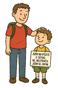 obrazek: postava otce a dítětetext: Jsem na výletě s tátou. Ne, neztratil jsem se. Zatím.bez pozadí