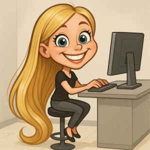 Malá okatá blonďatá žena karikatura s dlouhatanskými vlasy velký úsměv jak sedí u počítače na barové židličce v práci