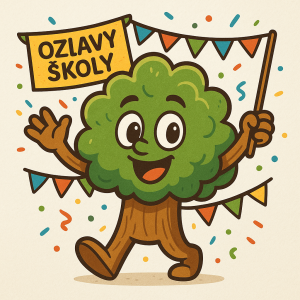 maskot k oslavám školy, podoba vychází z názvu obce, ve které bylo hodně dřeva - stromů, dětský, hravý, originální, wau